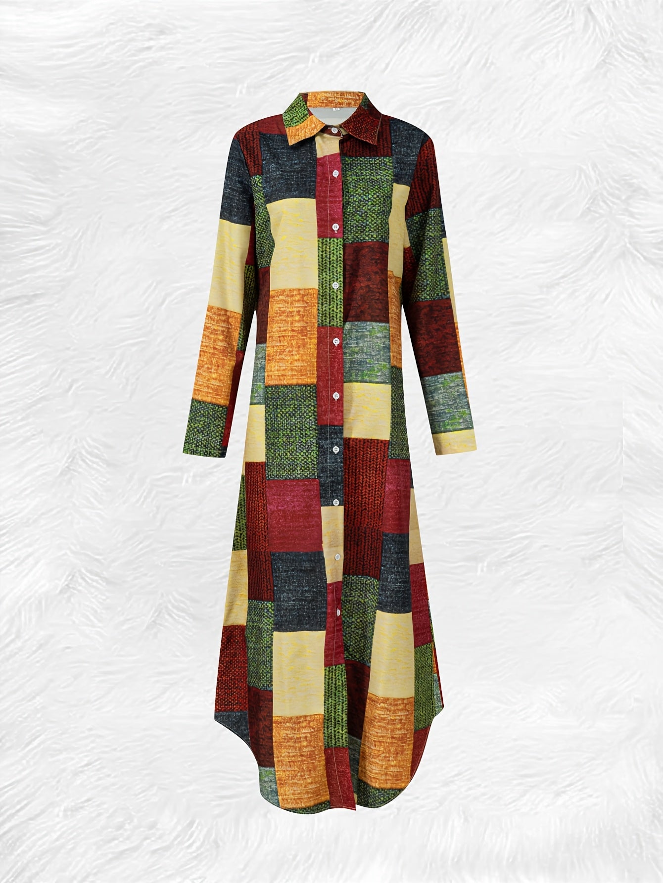 [1pc Vintage-Inspired Geometric Pattern Shirt Dress] Vintage-Inspired Geometric Pattern Shirt Dress with Lapel Collar, Long Sleeves, Button Details - Polyester Fabric, Woven Spring/Fall Midi Dress for Adults