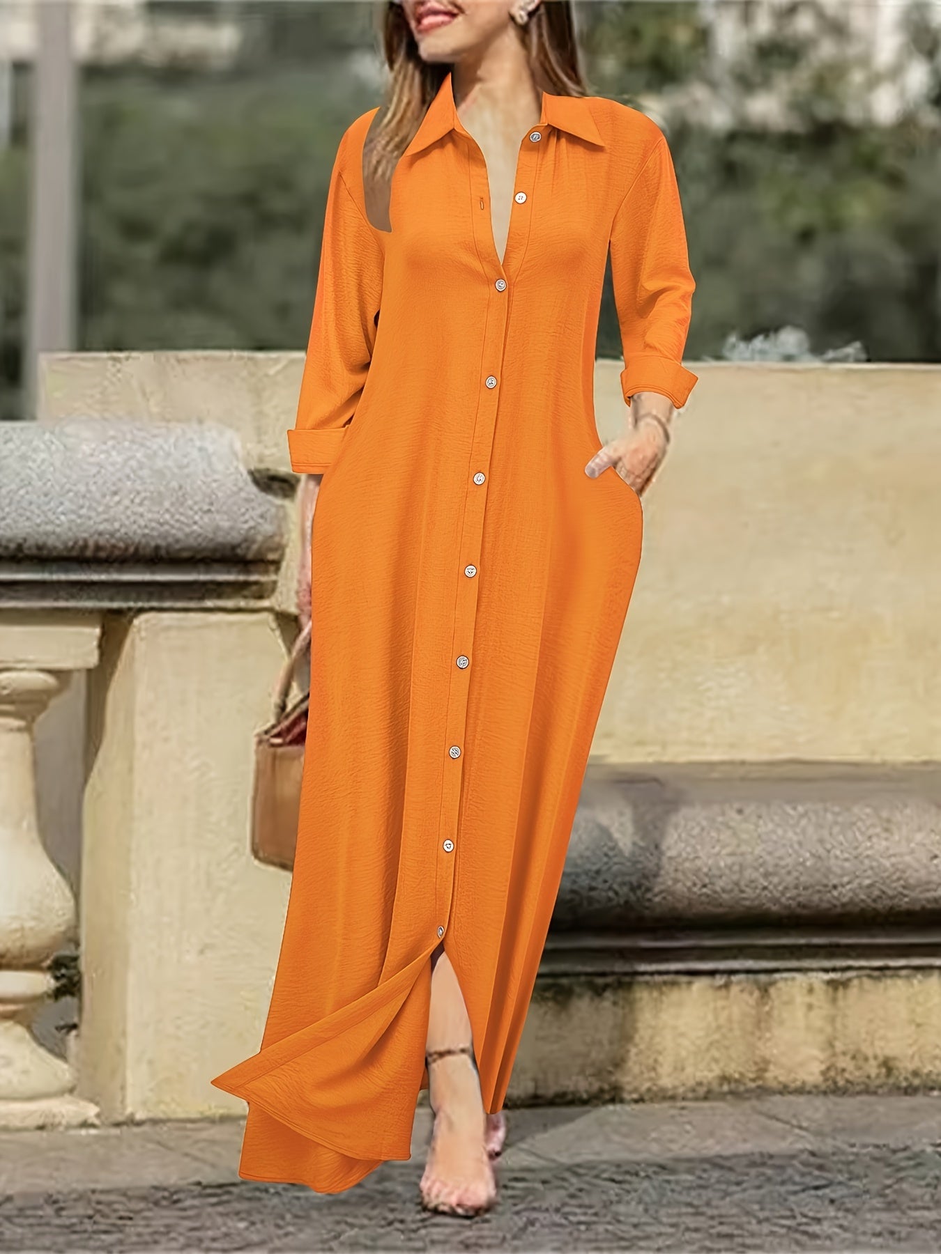 Women's Long Sleeve Shirt Dress - Casual Solid Color Polyester Button-Up with Woven Fabric, Adult All-Season Fashion Dress with Collar