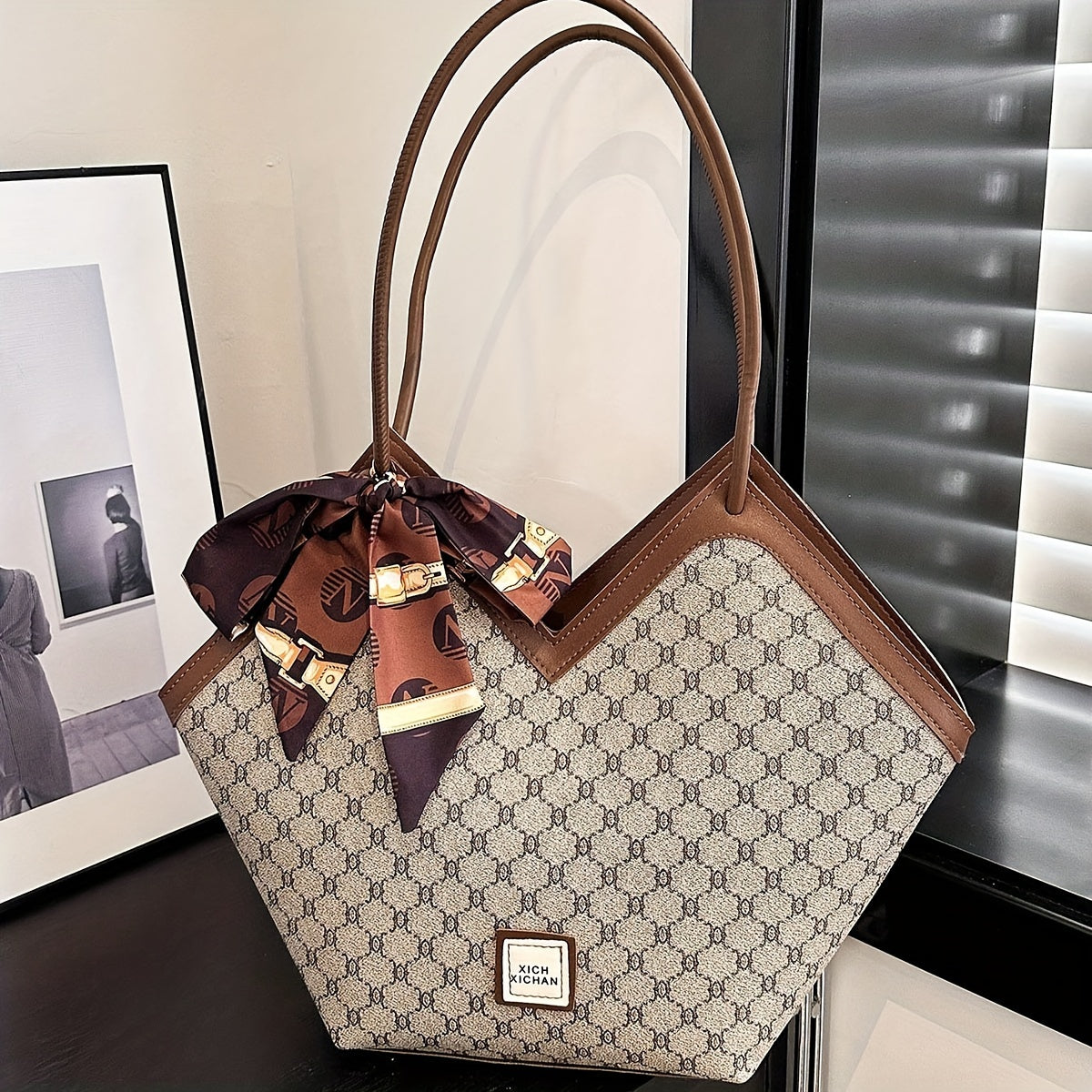 Timeless Chic - Niche Shoulder Bag with Fashion-Forward Scarf Accent - Versatile Classic Pattern Design for Womens Everyday Style