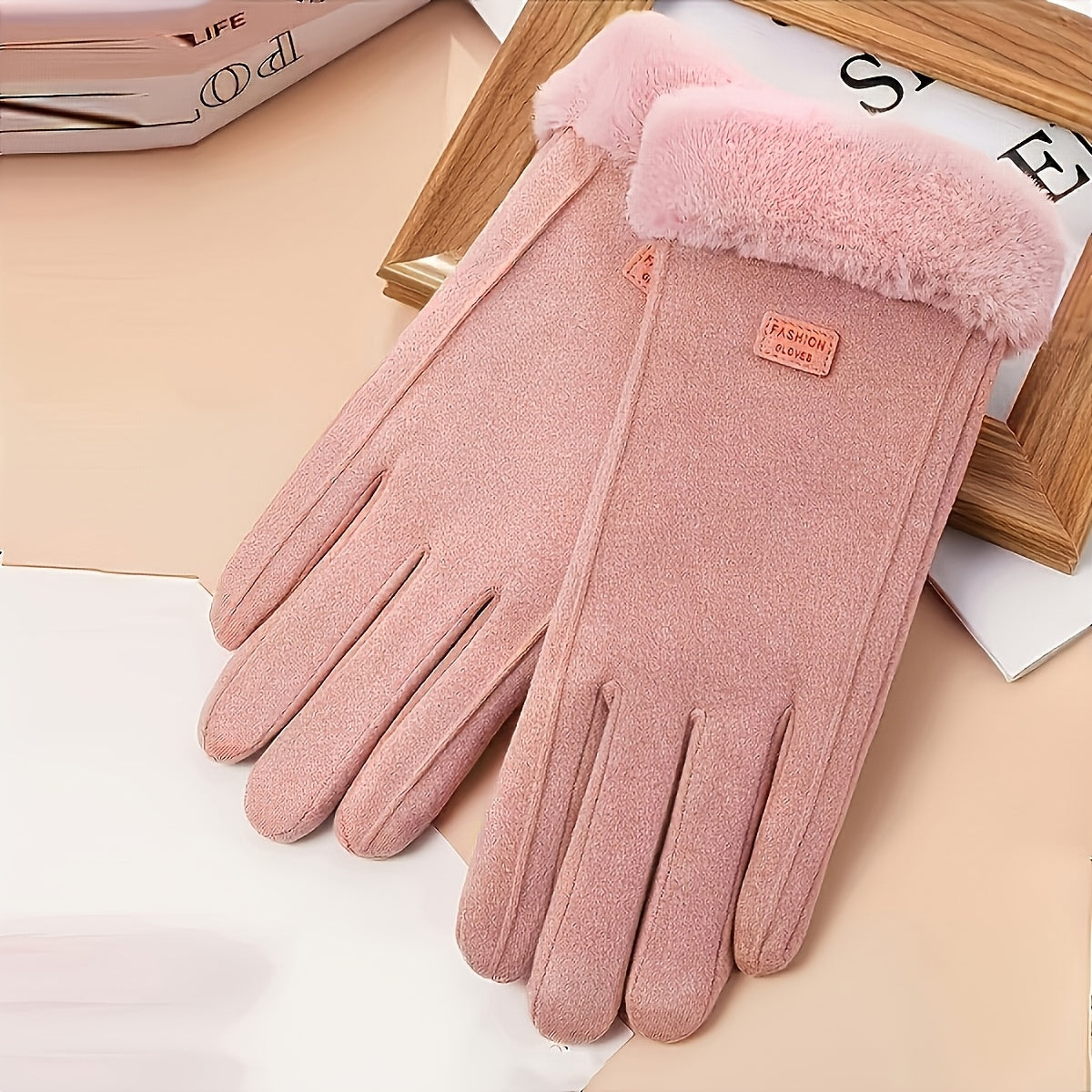 Women'S Beige Touchscreen Gloves - Thick Warm Plush Lined Full Finger Mittens for Winter, Knitted Polyester, Non-Stretch, Hand Washable, Ideal for Going Out