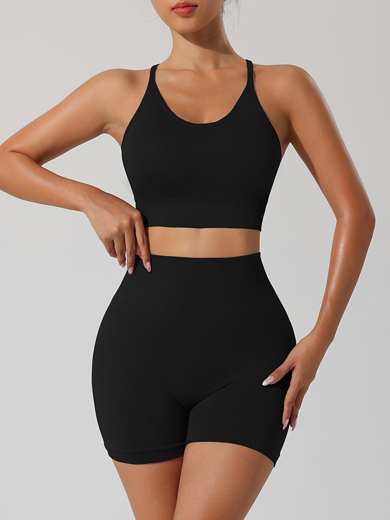 Women's Seamless Activewear Set - Lightweight Nylon Sports Bra and Shorts, Breathable, Stretchy Fabric for Fitness and Training, Summer Collection