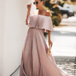 Elegant Off-Shoulder Pleated Maxi Dress for Women - Solid Color, Flowy A-Line Silhouette, Lightweight Polyester, Perfect for Summer Beach Vacation