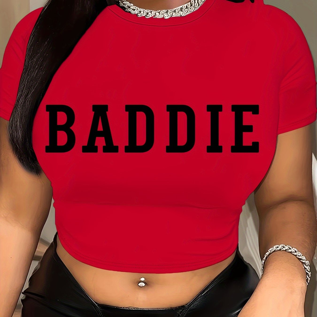 Letter Print Crew Neck Crop T-Shirt, Casual Short Sleeve T-Shirt For Spring & Summer, Women's Clothing