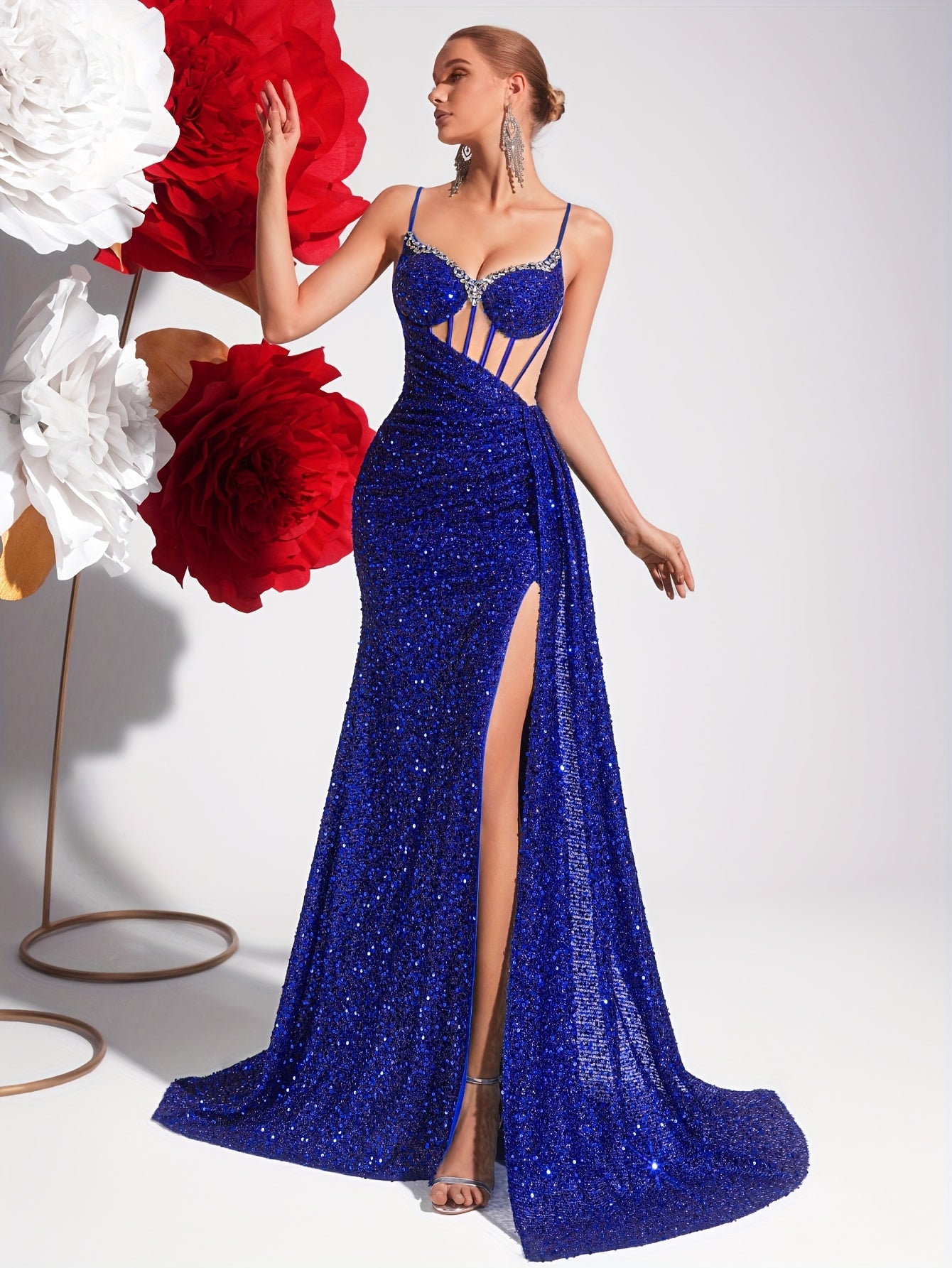 A High-Waisted Long Dress with Sequins, Beading, a V-Neck, Hollow Design, And Open Back, Perfect for Parties And Evening Events.