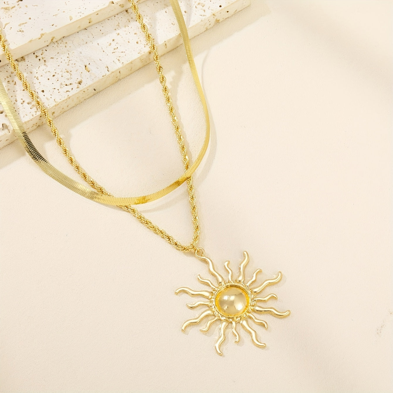 Double Layer Snake Bone Chain Necklace with Sun Flame Pendant – Elegant Zinc Alloy Statement Jewelry for Women, All-Season Fashion Accessory