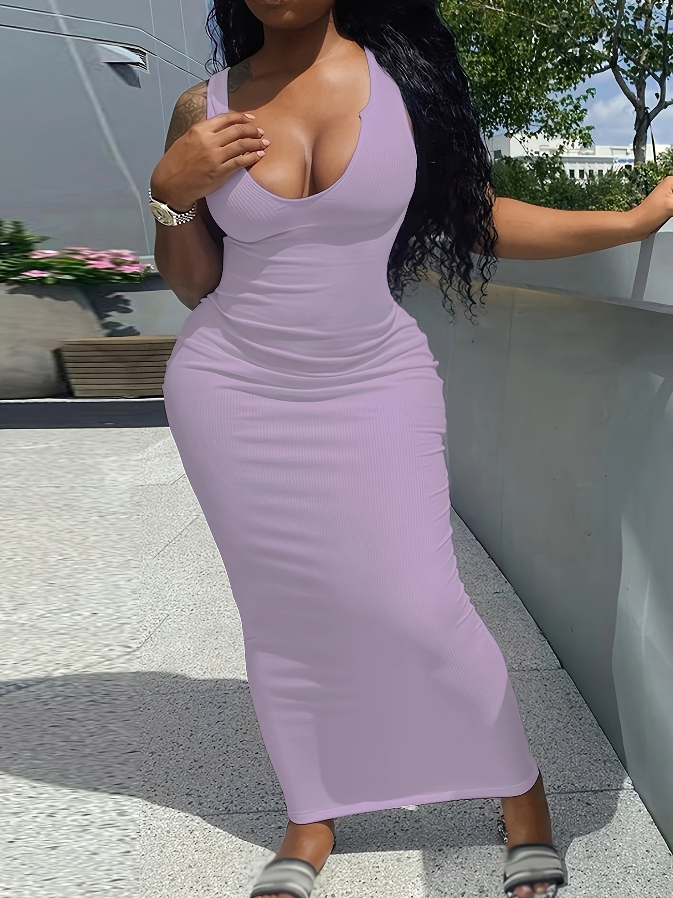 Sleek Notched Neck Bodycon Tank Dress - Sleeveless, Casual, Spring & Summer Essential - Womens Clothing for a Chic Look