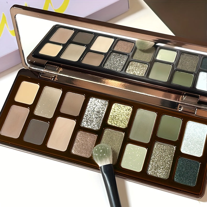 16-color Eye Shadow Palette, Matte Pearlescent Explosive Flash Grey Green Earth Color, Smoked Color Retro Advanced Color Palette, High Gloss Powder Blusher Multi-function Makeup Plate