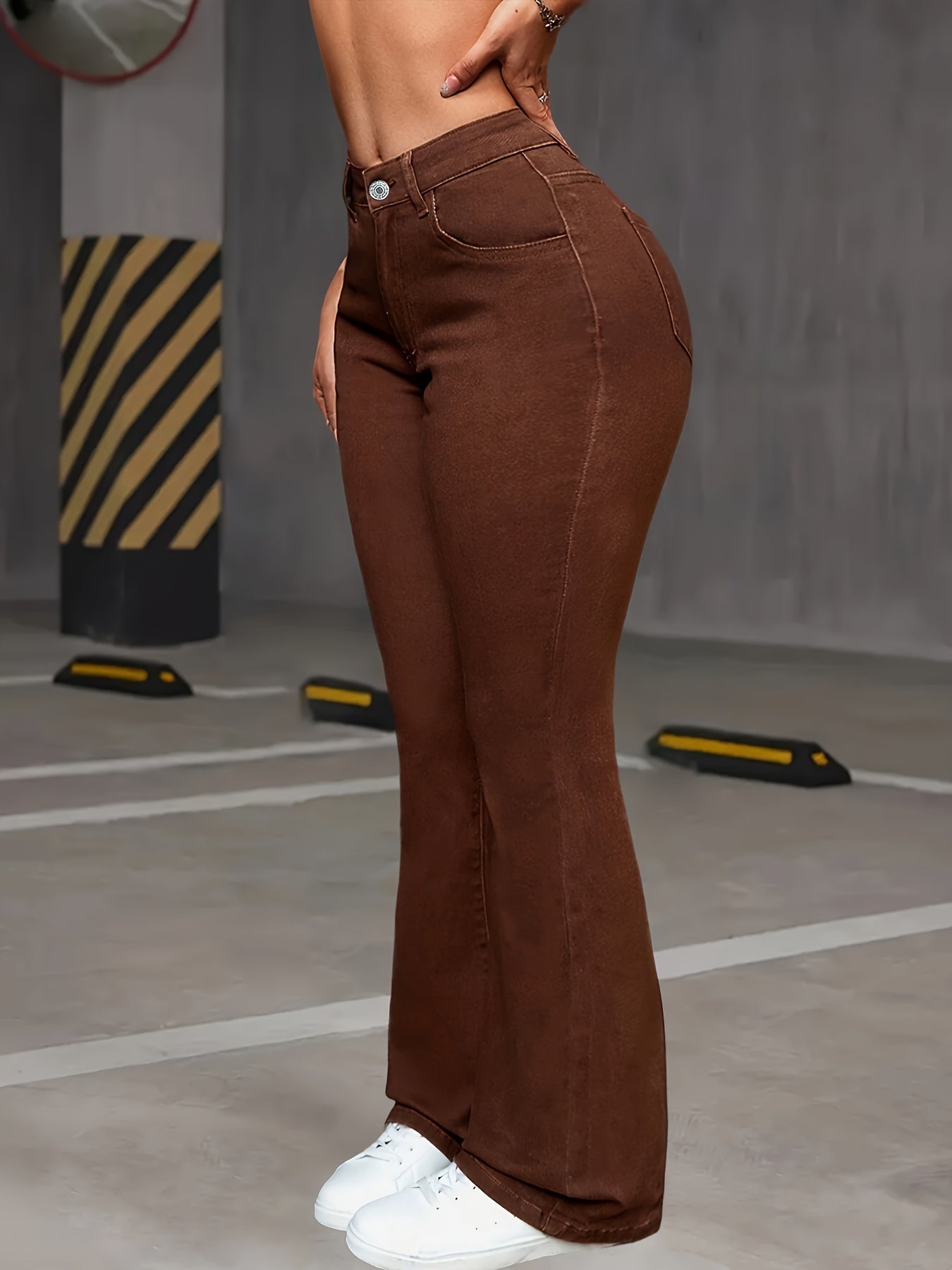 Women's High-Waisted Stretch Denim Flare Jeans in Coffee Brown - Comfortable All-Season Bell Bottoms with Button Closure, Slant Pockets, and High Elasticity Cotton Fabric