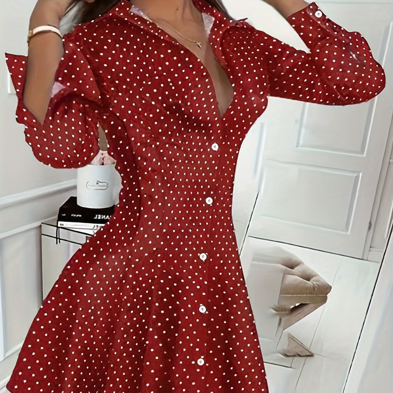 Polka Dot Button Front Dress - Elegant Long Sleeve Pleated Dress For Spring & Fall - Women's Clothing - For Women - Suitable for Parties & Casual Occasions - Perfect Gift for Her