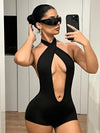 Sexy Black Halter Neck Backless Romper with Deep V Cut-Out Design - Women’s Stretchy One-Piece Swimsuit for Beach & Party Wear, Bathing Suit