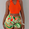 Vibrant Tropical Print Women's Two-Piece Set - Sleeveless Crop Top & High-Waisted Shorts, Casual Polyester Outfit, Machine Washable, Allseason Outfit|Vibrant Casualwear|Careerwear, Ladies Shorts Sets