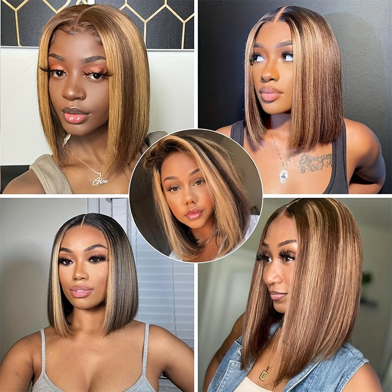 4/27 Highlight Ombre Straight Short Bob Lace Front Wig - 220% Density Human Hair with HD Transparent Lace Closure & Pre-Plucked Baby Hair, Honey Blonde to Dark Brown Gradient - Elegant Style for Women, Perfect for Parties, We