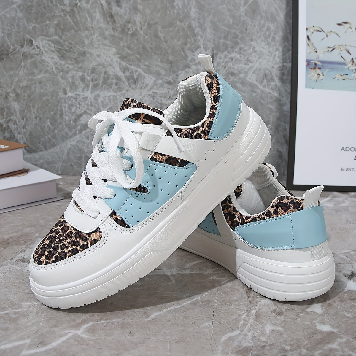 [Casual Elegance] Women's Fashionable Leopard Print and Light Blue Sneakers - Breathable, Comfortable Lace-Up Low Tops with White Soles, Ideal for Casual Wear, Tennis, and Outdoor Activities, Ladies Sneakers