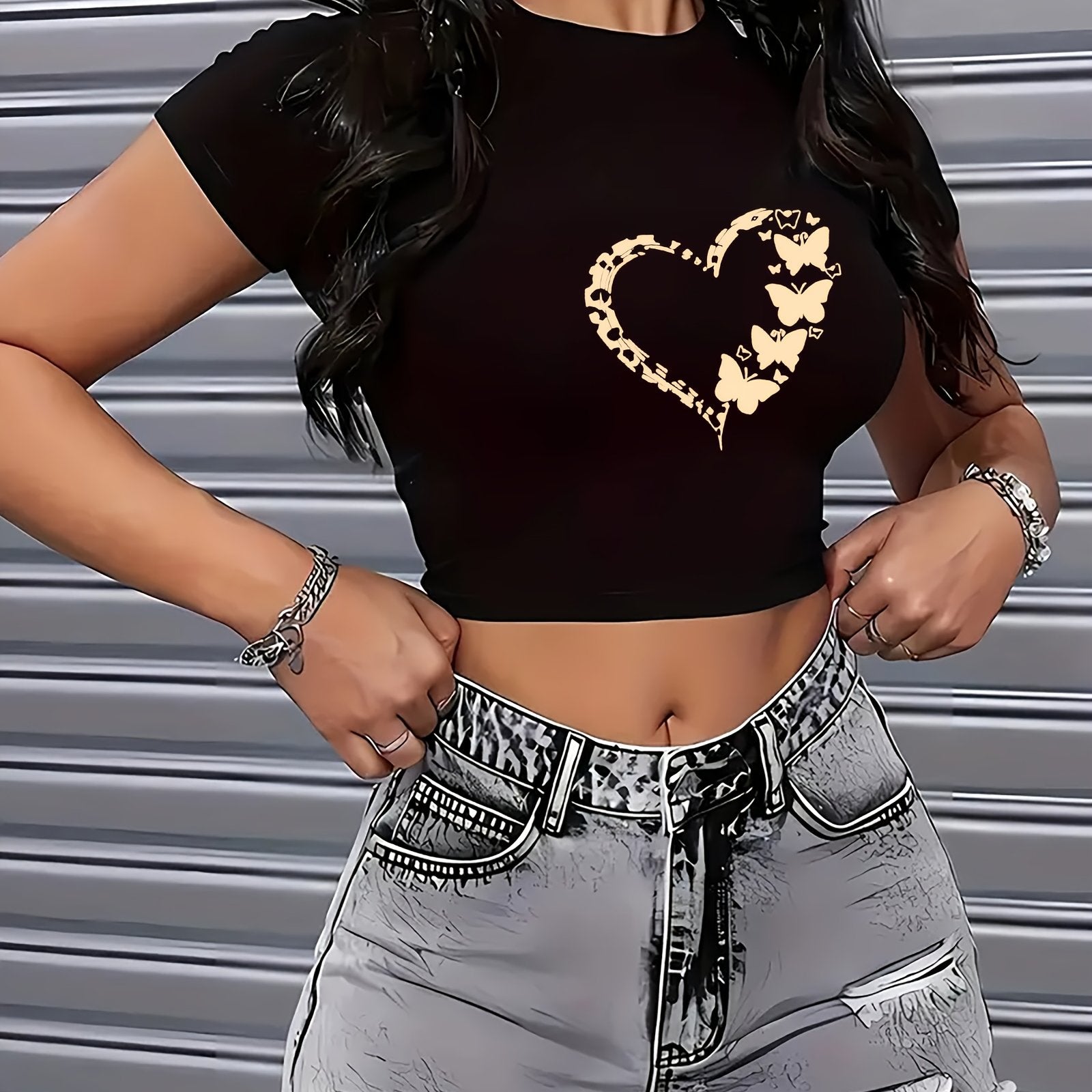 1pc Women'S Y2K Fashion Butterfly Heart Crop Top, Casual Crew Neck Short Sleeve Knit Fabric, Polyester 95% Spandex 5%, Slight Stretch, Geometric Pattern, All-Season Wear