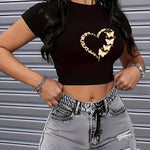 1pc Women'S Y2K Fashion Butterfly Heart Crop Top, Casual Crew Neck Short Sleeve Knit Fabric, Polyester 95% Spandex 5%, Slight Stretch, Geometric Pattern, All-Season Wear