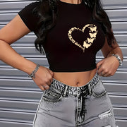1pc Women'S Y2K Fashion Butterfly Heart Crop Top, Casual Crew Neck Short Sleeve Knit Fabric, Polyester 95% Spandex 5%, Slight Stretch, Geometric Pattern, All-Season Wear