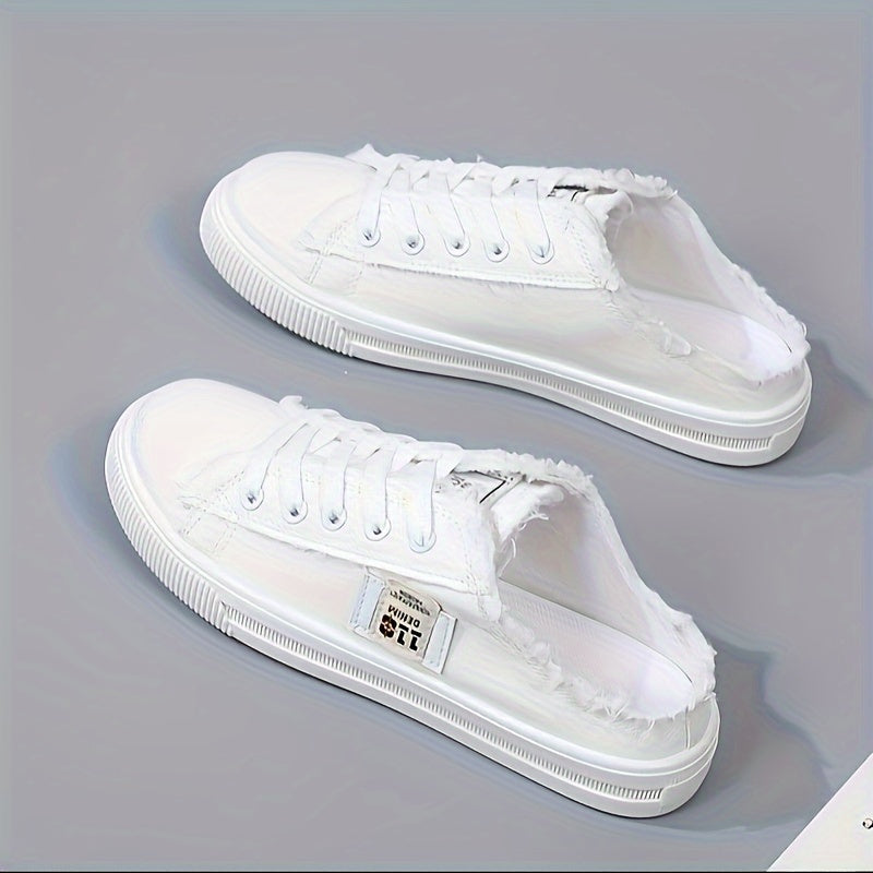 Round Toe Breathable Women's Solid Canvas Shoes Slippers Lace Up Slip On, All-match Footwear