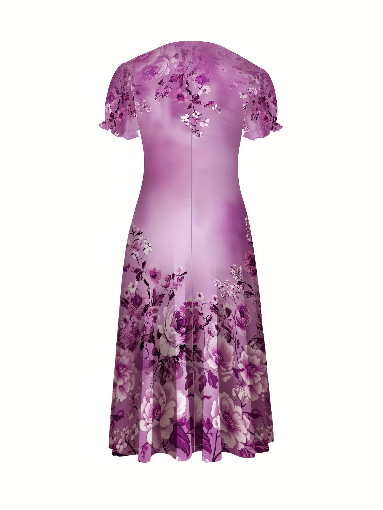 [Tropical Tie-Dye Ombre Maxi Dress] Tropical Tie-Dye Ombre Polyester Knit Women's Elegant Floral Print Maxi Dress - Crew Neck Lantern Short Sleeve, Loose Fit A-Line Long Dress for All Seasons, Machine Washable