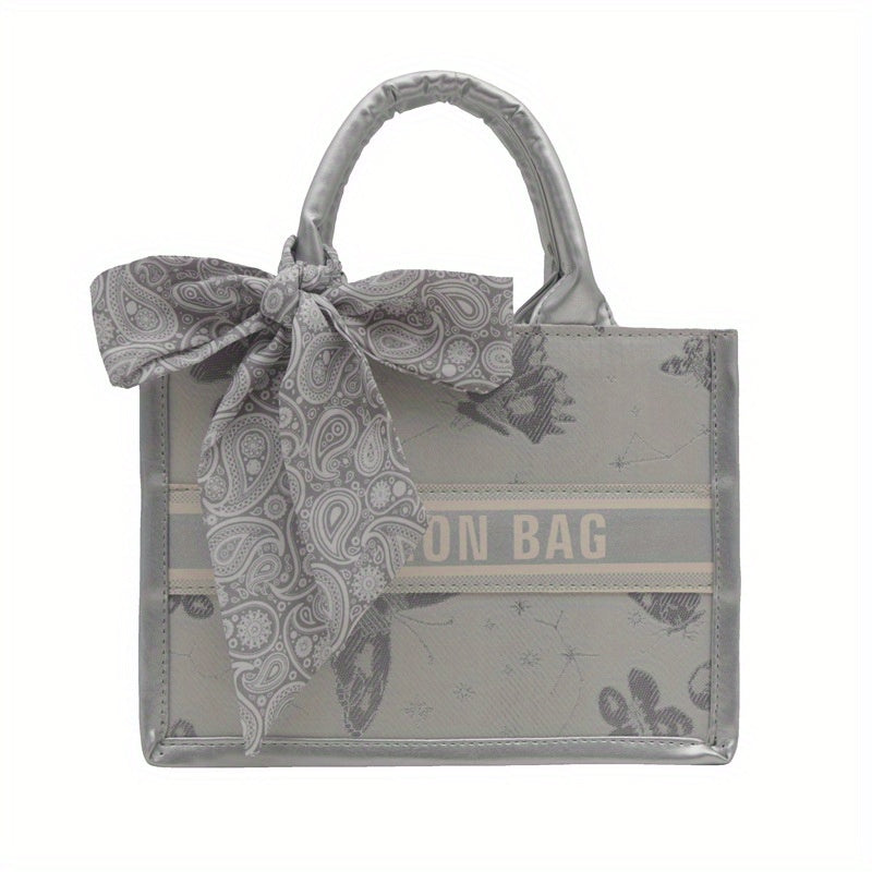 Large Capacity Fashion Letter Print Tote Bag with Scarf Bow - Stylish Synthetic Leather Shoulder Bag for Women, Floral Pattern, Zip Closure, Perfect for Commuting & Everyday Use, Large Tote Bag