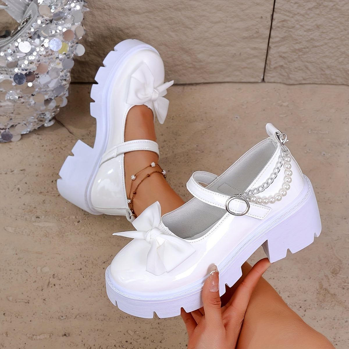 Women’s Pearl-Embellished Patent Penny Loafers – Chunky Round Toe Slip-On Shoes with Glitter Detail & PVC Sole, Mesh Lined, All-Season Fashion Footwear