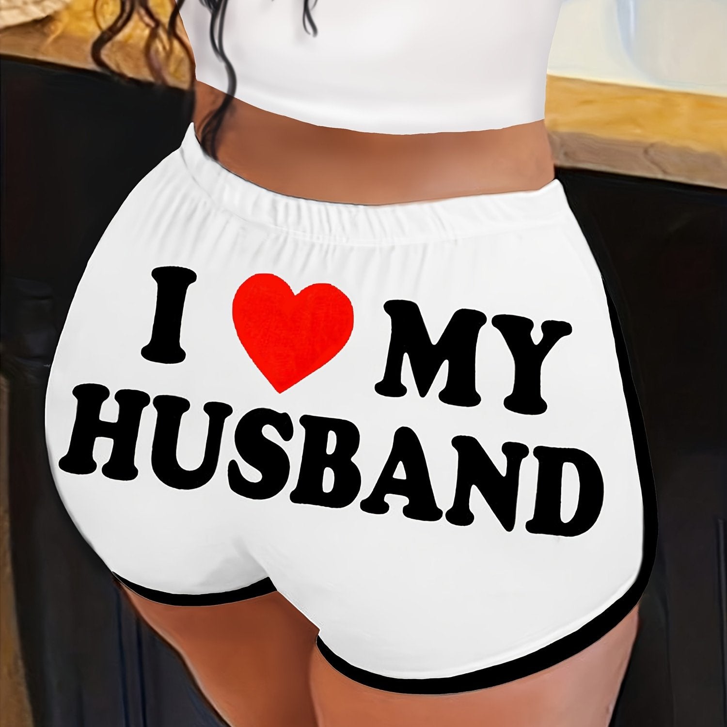 Women'S "I Love My Husband" Letter Print Elastic Waist Shorts - Casual, Stretchy, and Comfortable for Spring & Summer, Perfect for Casual Attire