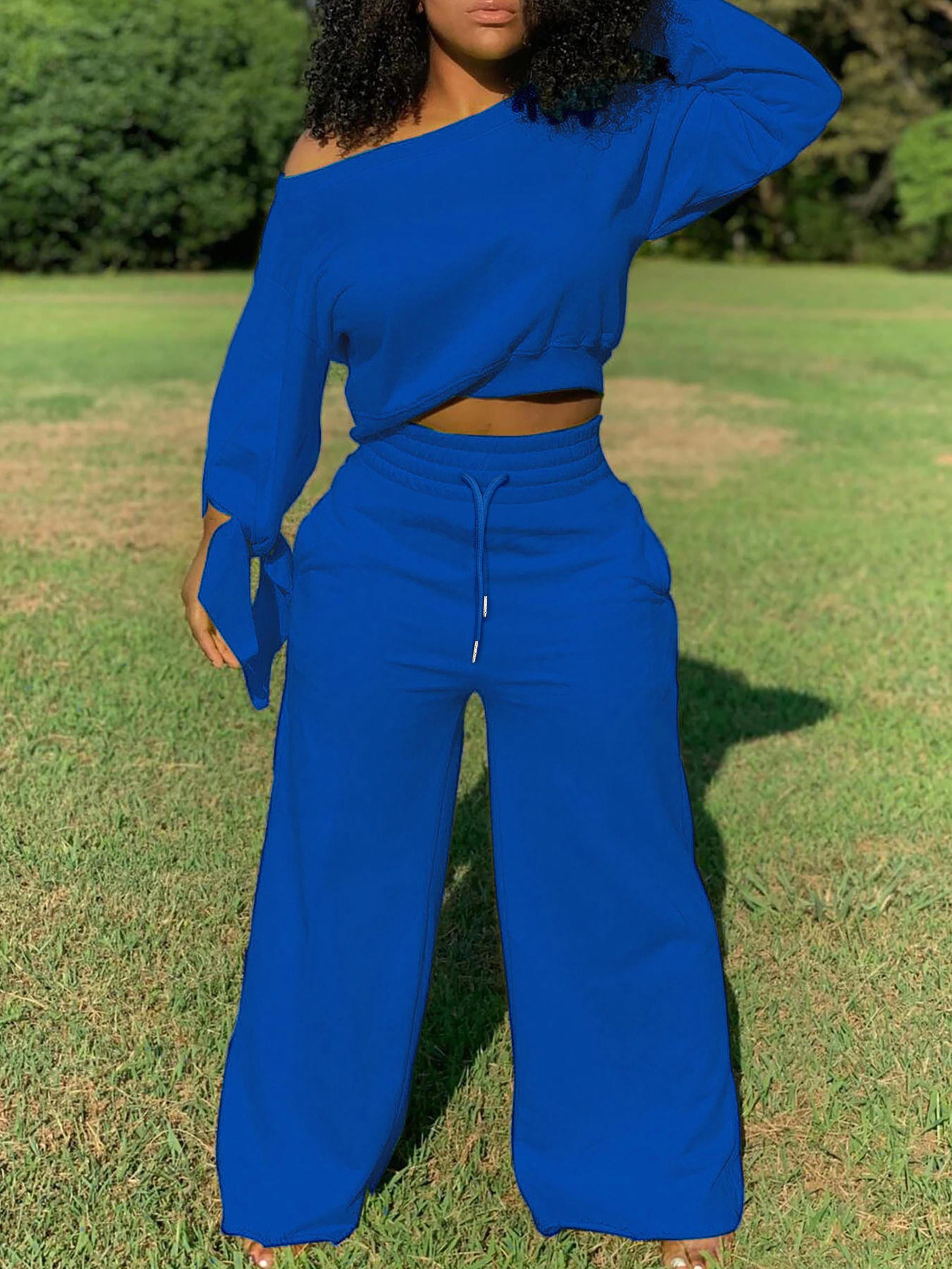 Solid Casual Two-piece Set, Slanted Shoulder Long Sleeve Tops & Drawstring Pants Outfits, Women's Clothing