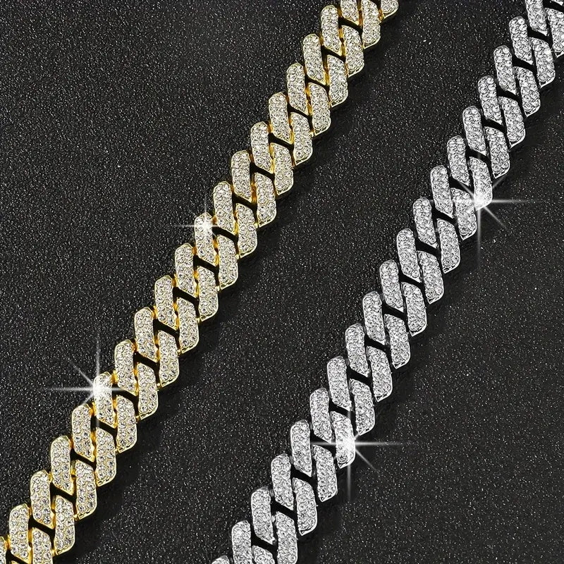 1 Luxurious Golden-Toned Cuban Link Chain Necklace with Sparkling Rhinestones - Hip-Hop Style Charm, Ideal for Daily Wear, Weddings & Special Occasions - Zinc Alloy, Perfect Gift for Her, Chunky Cuban Link Necklace