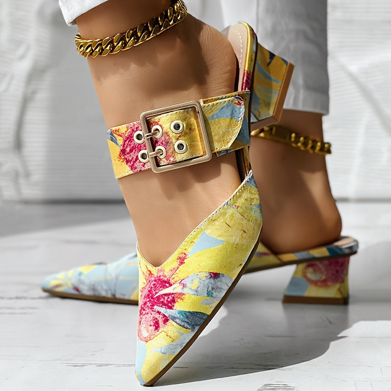 Chic Guangdong-Inspired Women's Sandals with Unique Print, Slip-On Pointed Toe Mid-Heel Shoes - Faux Cover & PVC Sole