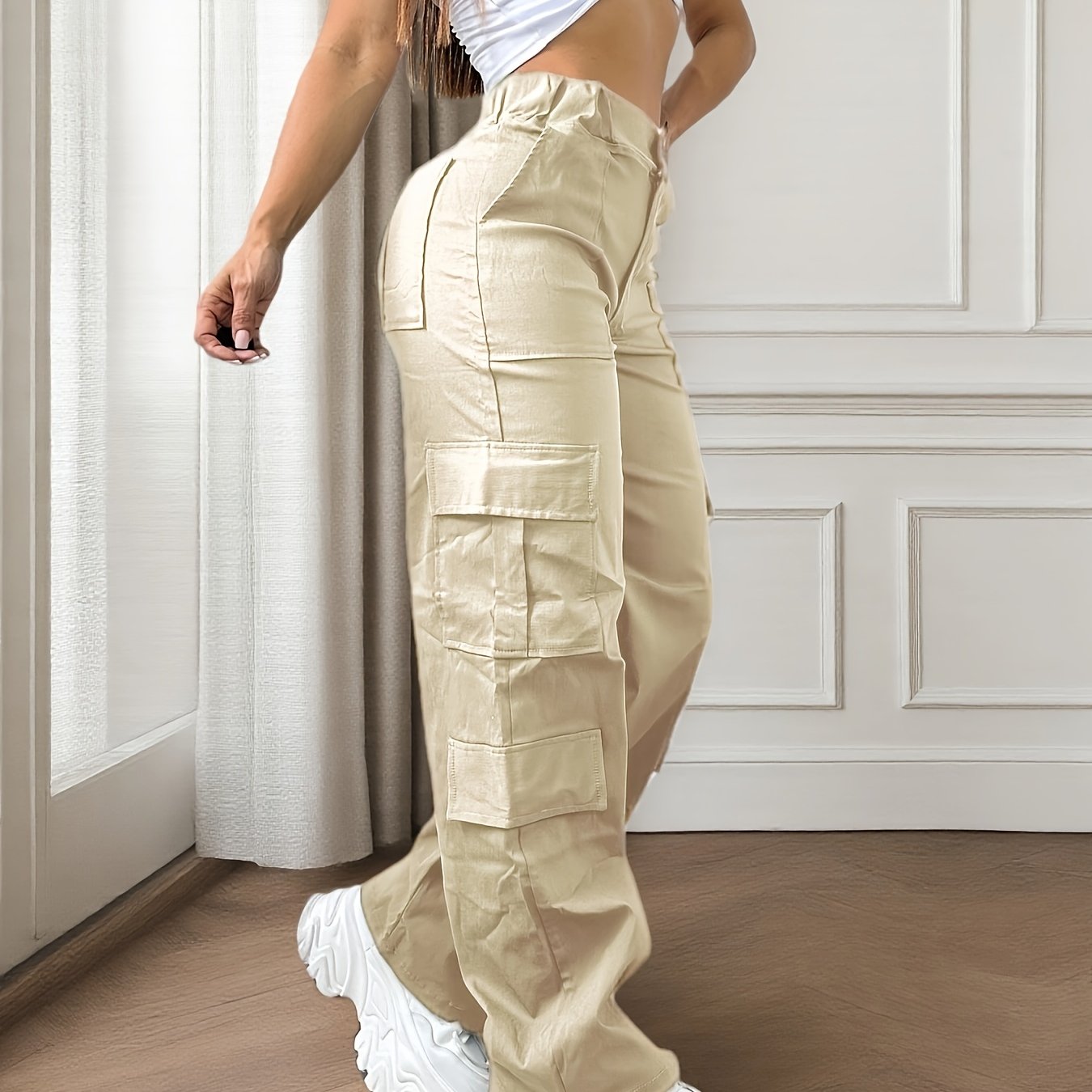 Women's Olive Green Cargo Pants with Multi-Pocket Design - Casual Flap Pockets, High Waist, Wide Leg, Street Style for Casual Attire