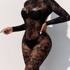 1pc Women'S Sexy Long Sleeve See-Through Bodystocking Jumpsuit - Black Hollow Out Design, Open Crotch Body Stocking for Music Festivals, Christmas & Valentine'S Day Parties, Party Wear|Sexy Jumpsuit|See-Through Bodystocking
