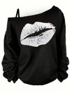 Lip Print Slant Neck T-Shirt, Casual Long Sleeve T-Shirt For Spring & Fall, Women's Clothing