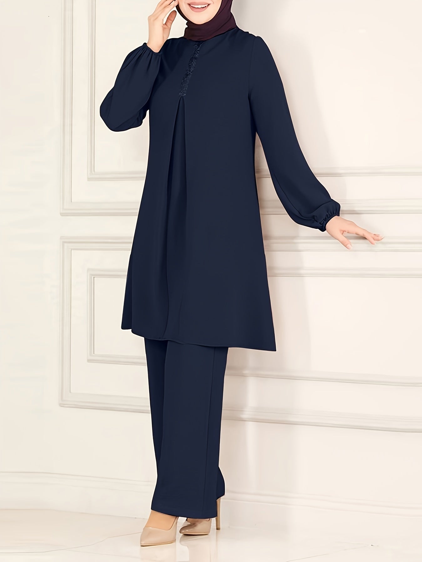 Ramadan Elegant Solid Muslim Two-piece Set, Long Sleeve Crew Neck Top & Straight Leg Pants Outfits, Women's Clothing