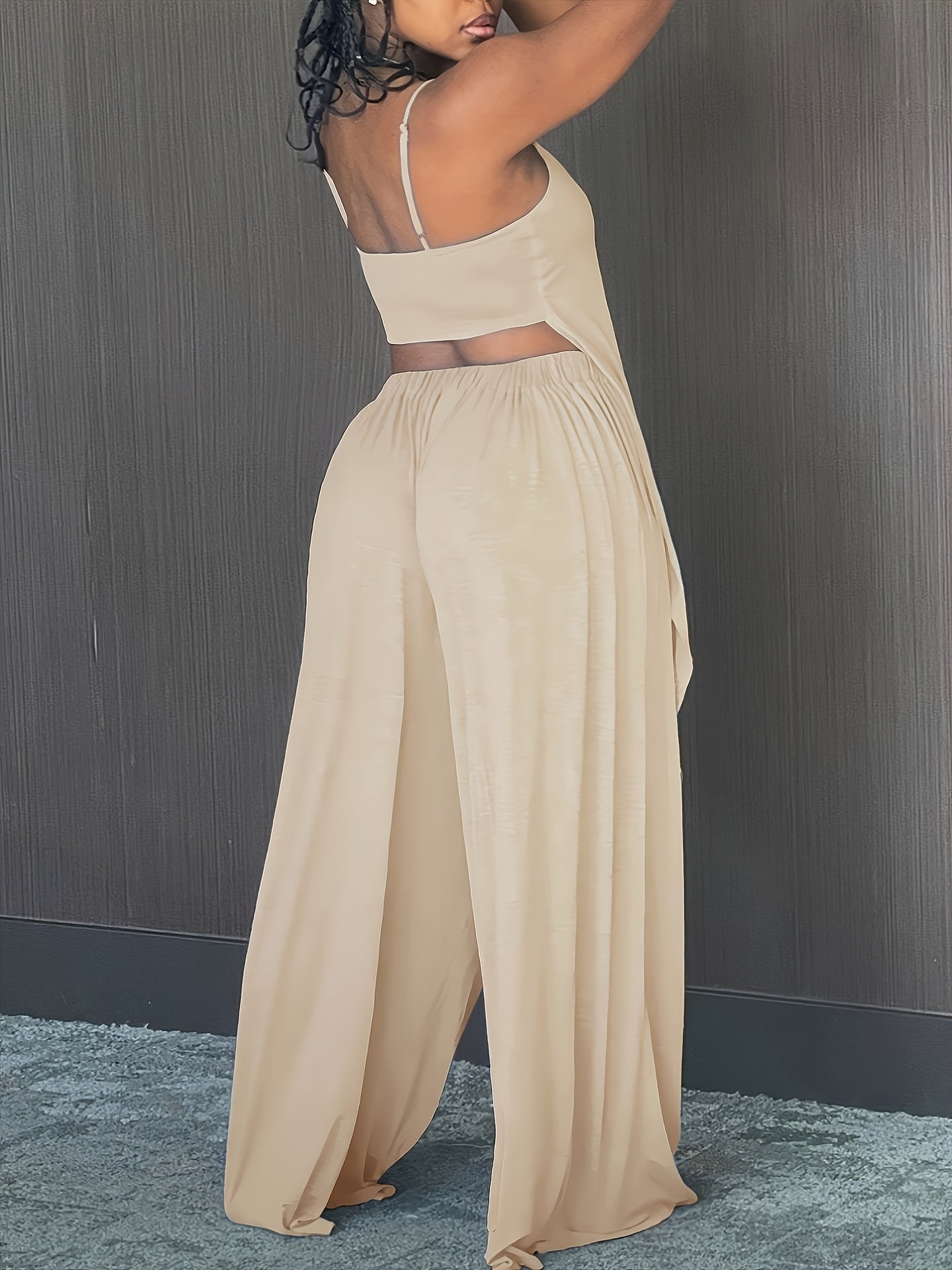 Minimally Casual Set with V-neck Asymmetrical Hem, Camisole Top And Elastic Waistband, Long Pants, Sleepwear Set, Suitable for Women to Wear As Outerwear