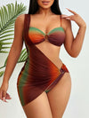 Vacation Style Ethnic Style Brown Gradient Print Single Shoulder Asymmetrical Mesh Skirt Tube Top Separated Bikini Three Piece Set