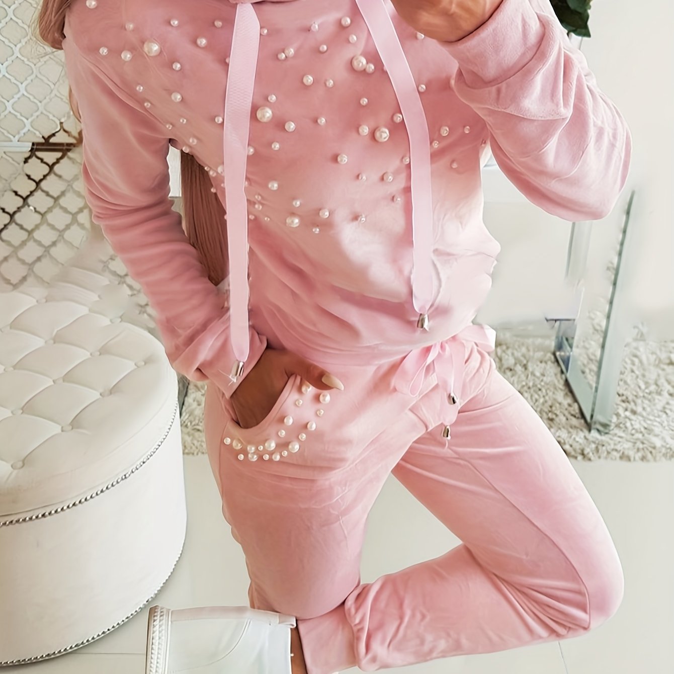 Casual Beaded Two-piece Set, Long Sleeve Pullover Hoodie & Drawstring Pants Outfits, Women's Clothing