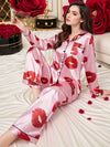 A Two-Piece Satin Loungewear Set for Women in Autumn And Winter, Featuring a Comfortable Long-Sleeve Top And Elastic Waistband Pants.