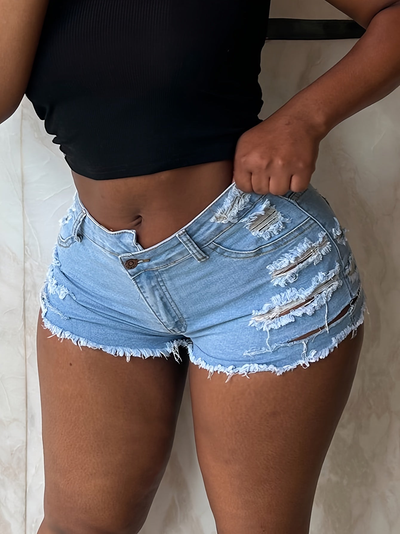 Ripped Raw Hem Denim Shorts - Distressed Washed Blue Denim Shorts - For Women - Casual & Trendy Style - Perfect for Summer & Everyday Wear - Gift Idea for Fashionable Ladies