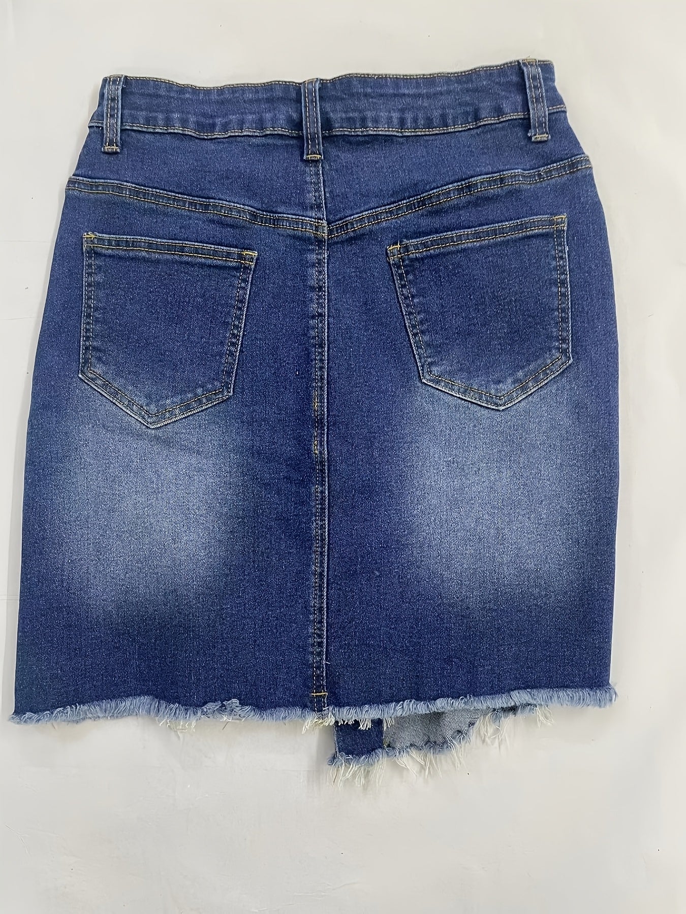 Women's Vintage-Style Denim Mini Skirt with Distressed Details and Raw Hem - Stretchy, Button-Fly Closure, Frayed Edges, Ideal for Spring/Summer/Fall, Denim Skirt