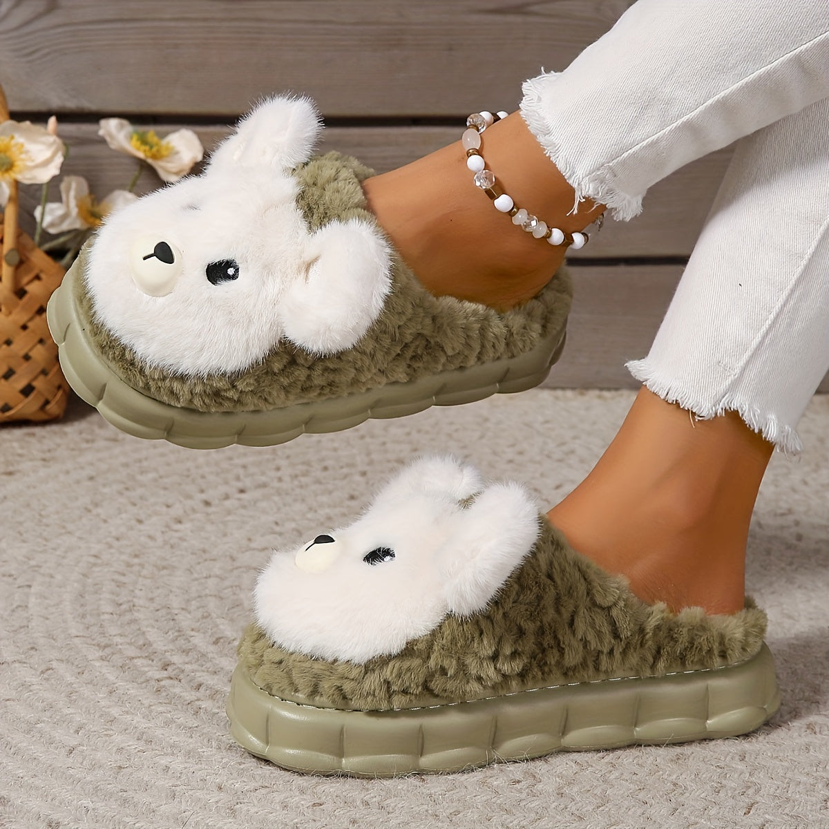 Ladies Cartoon Plush Lined Cozy Thick Sole Home Slippers, Honey Girl Style, Easy Slip-On, Cartoon Pattern, Winter Comfy Fabric Footwear with EVA Sole, European & Southeast Asia Special - Ruian Origin