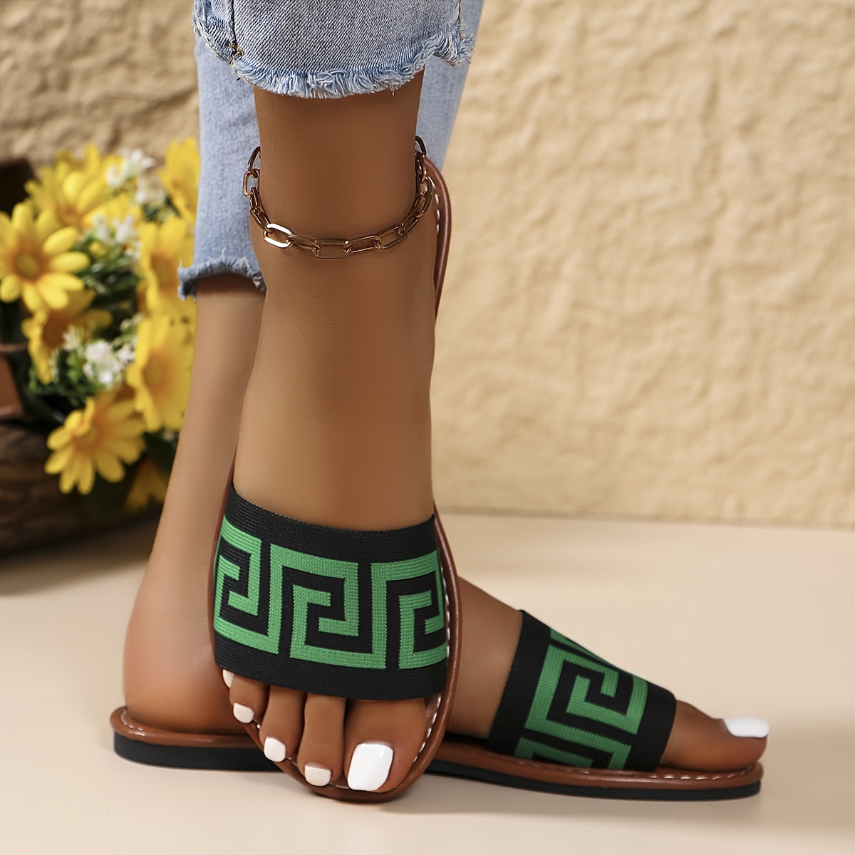 Women's Slip-On Open-Toe Sandals with Black & White Striped Pattern - Breathable Fabric Upper, Soft Synthetic Cover Insole & Non-Slip Rubber Sole - Casual Summer Beach Shoes for Women, Ladies Sandals