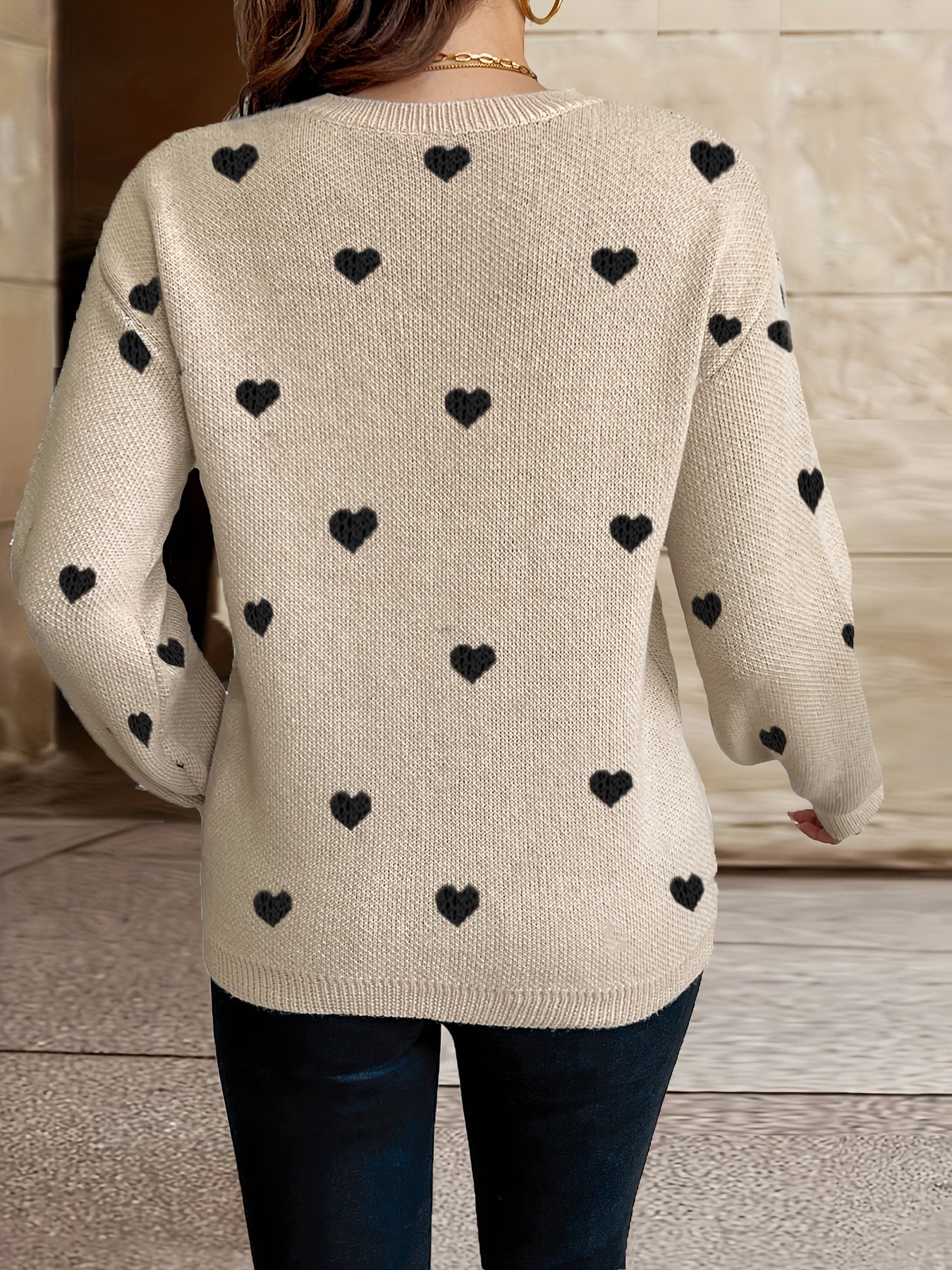 Valentine’s Romance: Chic Heart Pattern Crew Neck Knit Sweater – Cozy, Durable Women’s Winter Pullover