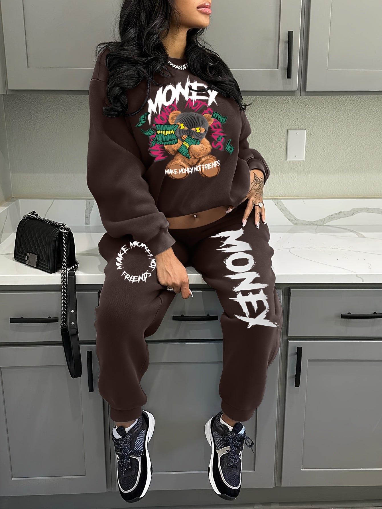 Women'S Casual Polyester Tracksuit, Crew Neck Knit Fabric Alphabet Pattern Loungewear, with Sweatshirt and Pants Set