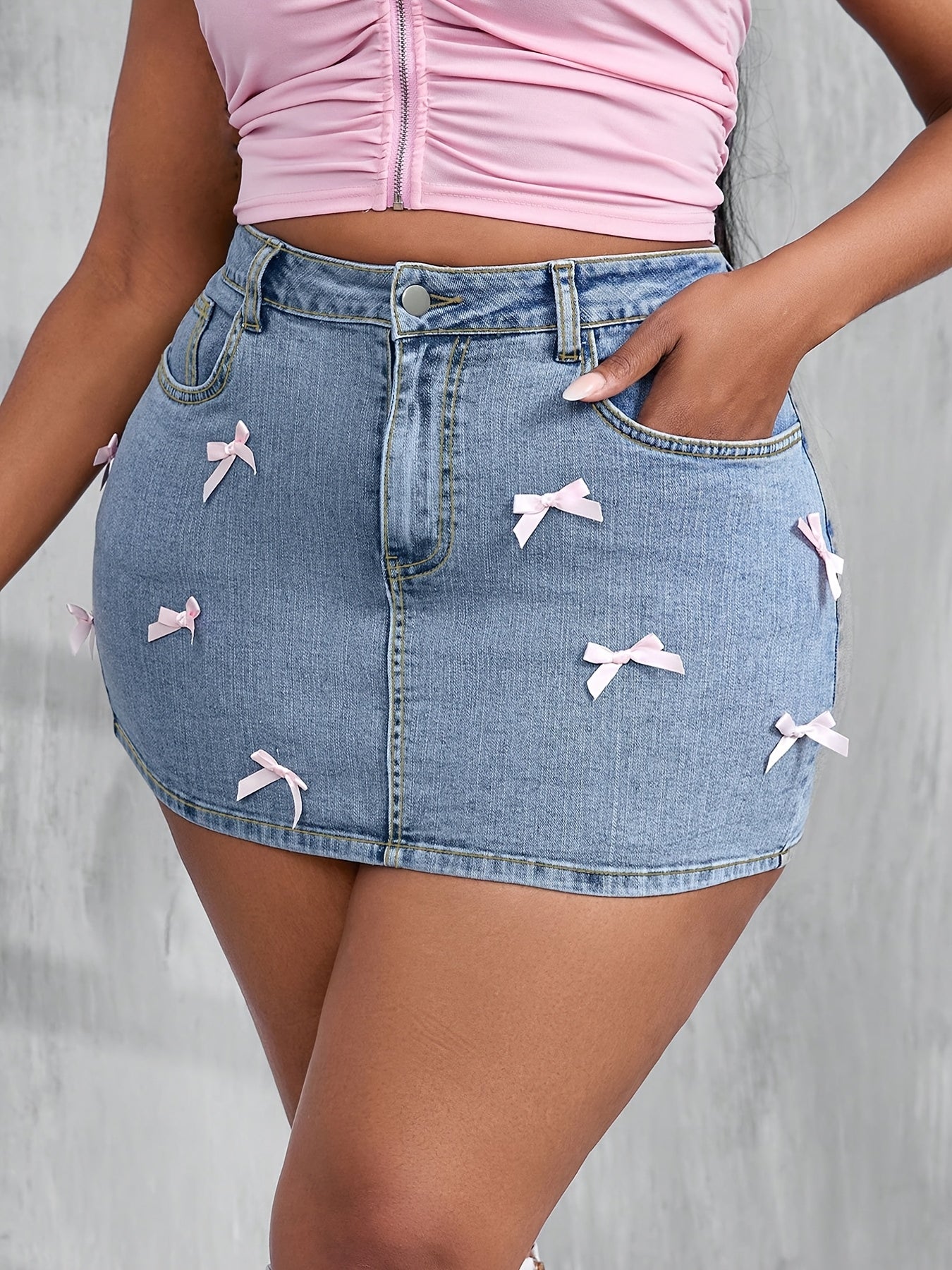 Plus Size Sexy Tight Denim Mini Skirt With Bow Decor, Blue