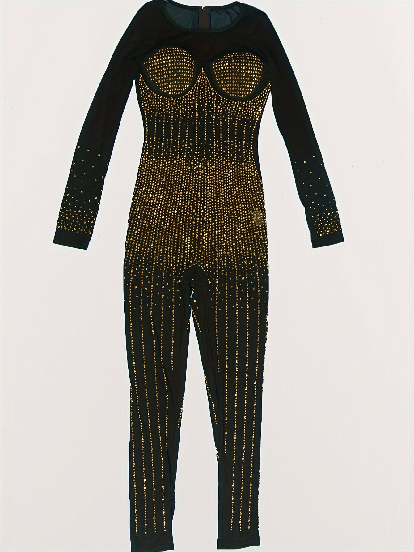 [Rhinestone-Embellished Mesh Jumpsuit] Semi-Sheer Stretchy Polyester Blend Elegant Women's Rhinestone-Embellished Long Sleeve Mesh Jumpsuit - Crew Neck, Perfect for Parties & Dinners