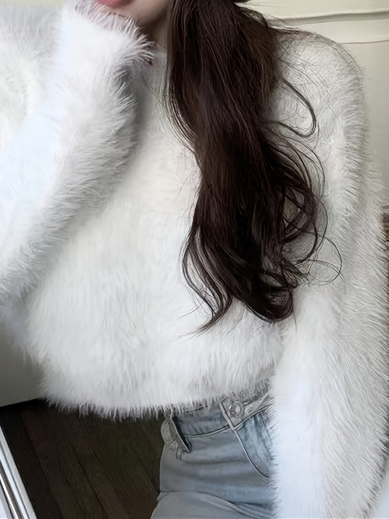 Faux Fur Crew Neck Sweater, Elegant Long Sleeve Sweater For Fall & Winter, Women's Clothing