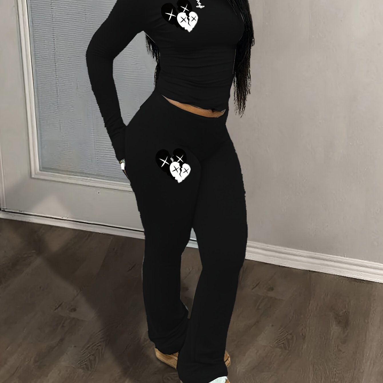 Autumn and Winter Fashionable Slim Fit Printed Long Pants and Long Sleeve Two-Piece Set