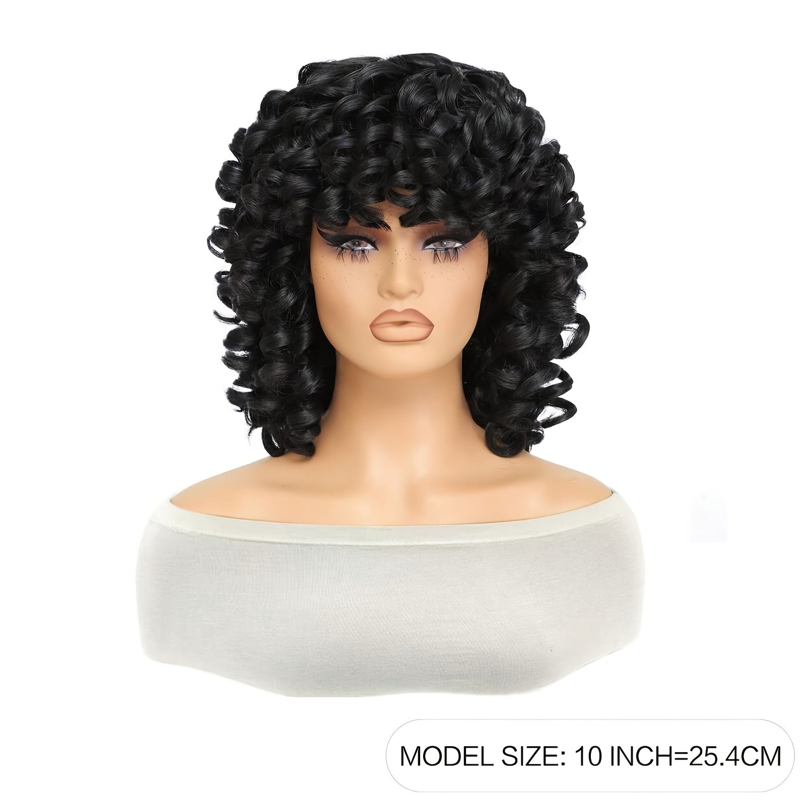 10 Inch Brazilian Virgin Human Hair Wig with Bangs - Glueless Loose Curly 200% Density Rose Net Cap Black Natural Wave Wig for, Daily Wear & Special Occasions, Highdensity Hairpiece