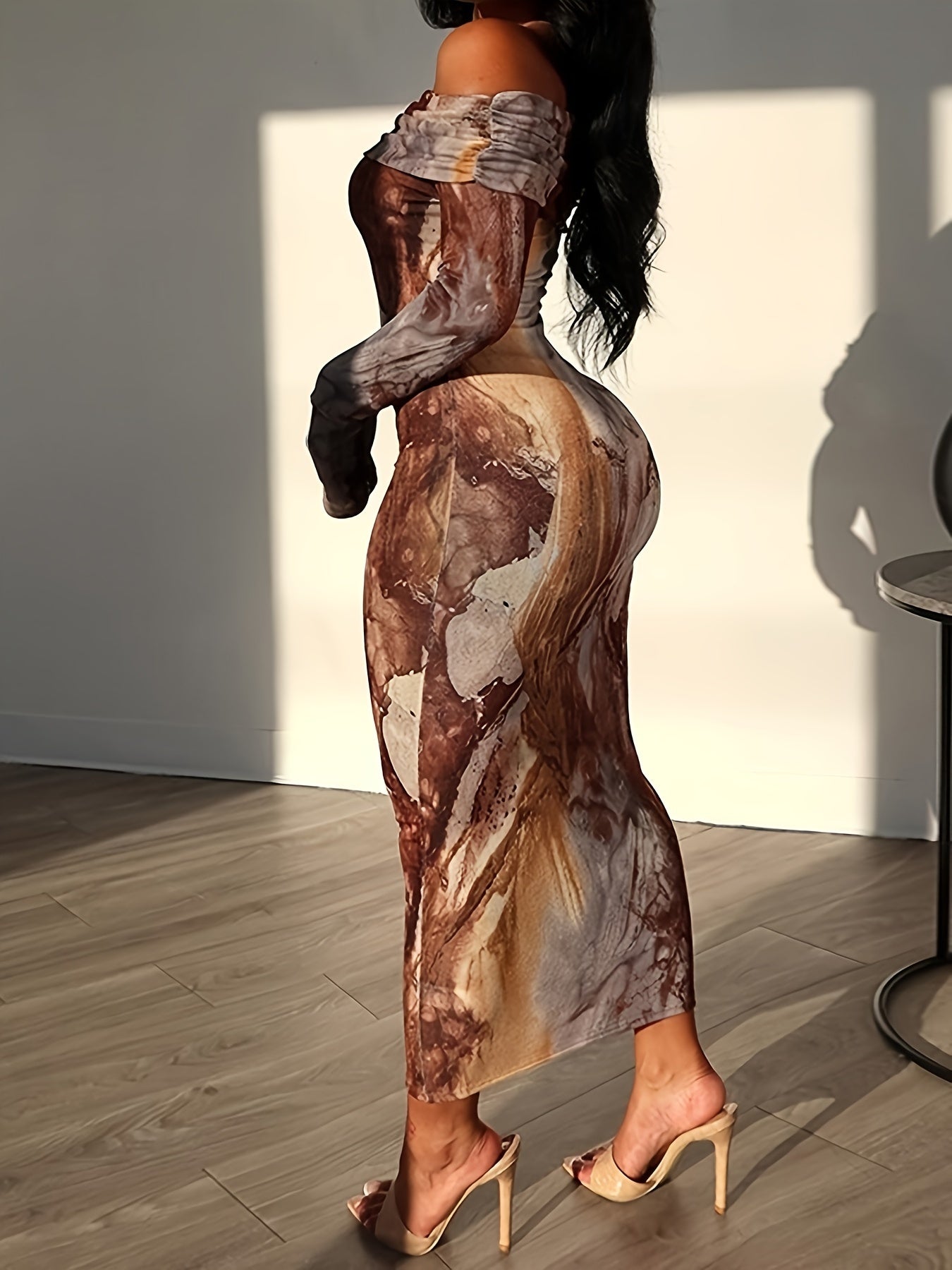 Tie Dye Off Shoulder Dress - Elegant Long Sleeve Bodycon Dress For Party & Club - Polyester - For Women - Suitable for Weddings, Engagements, Parties - Perfect Gift for Her