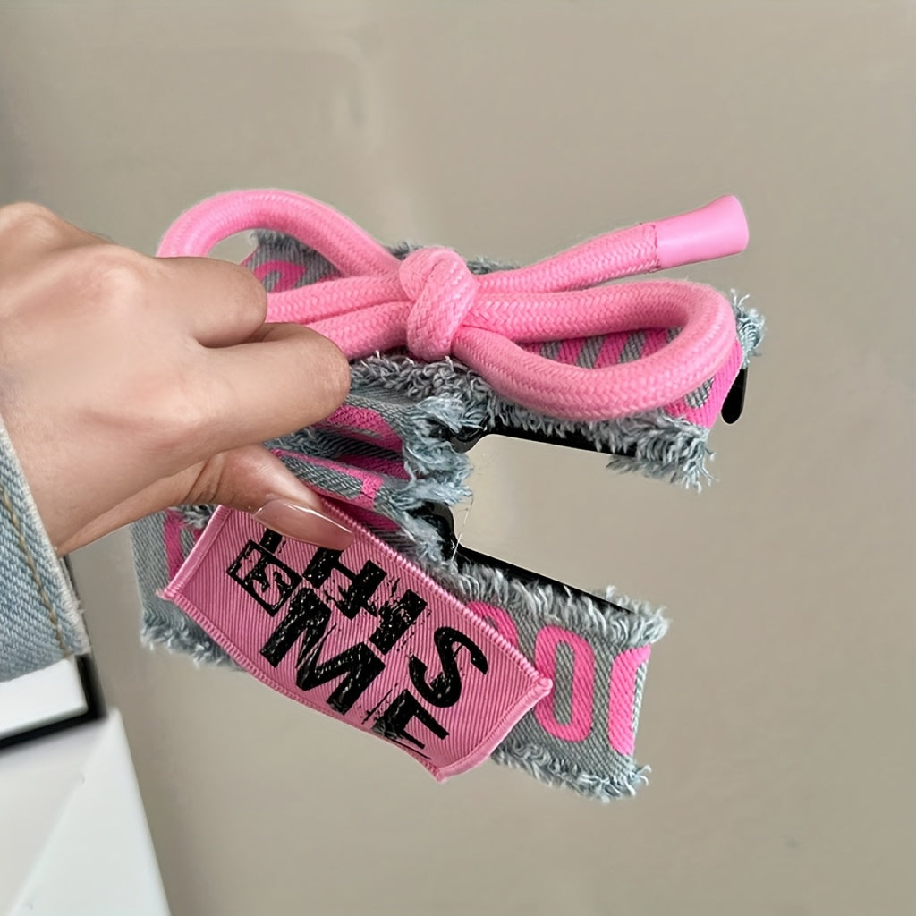 Pink Denim Bow Hair Clip for Women - Stylish Two-Tone Shark Clip with Ribbon Detail, Non-Slip Plastic Back, Perfect for Casual or Formal Occasions, Hair Accessory | Playful Accessory | Fabric Bow Detai