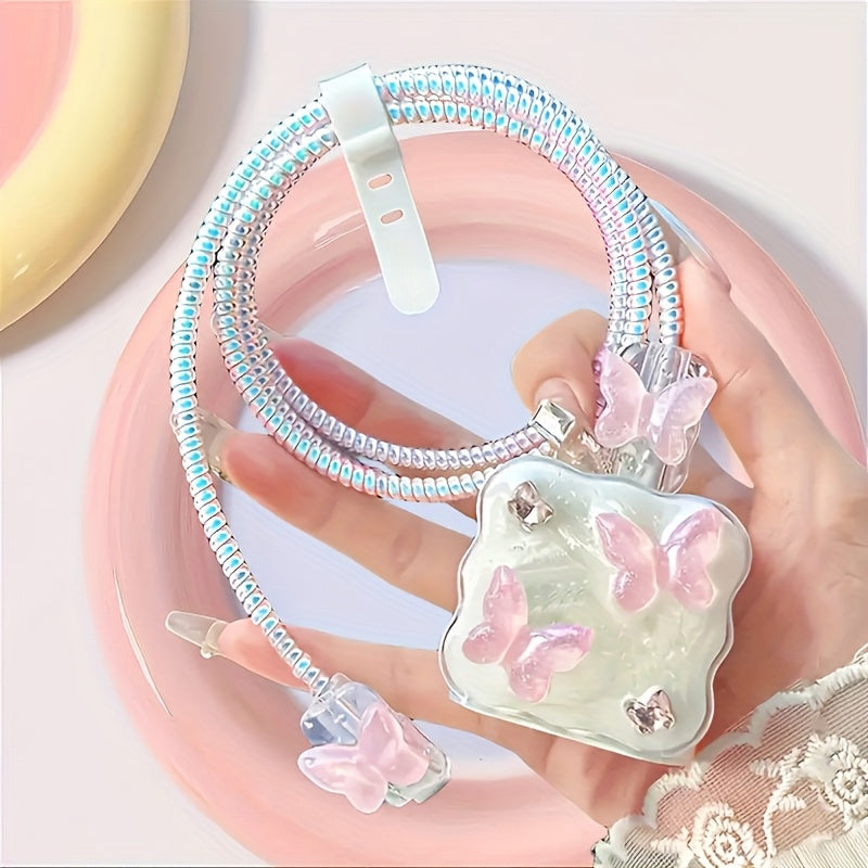 5pcs Butterfly Style iPhone Charging Cable Protection Set, TPU Material Charging Cable and Charger Head Protective Cover with Decorative Butterflies